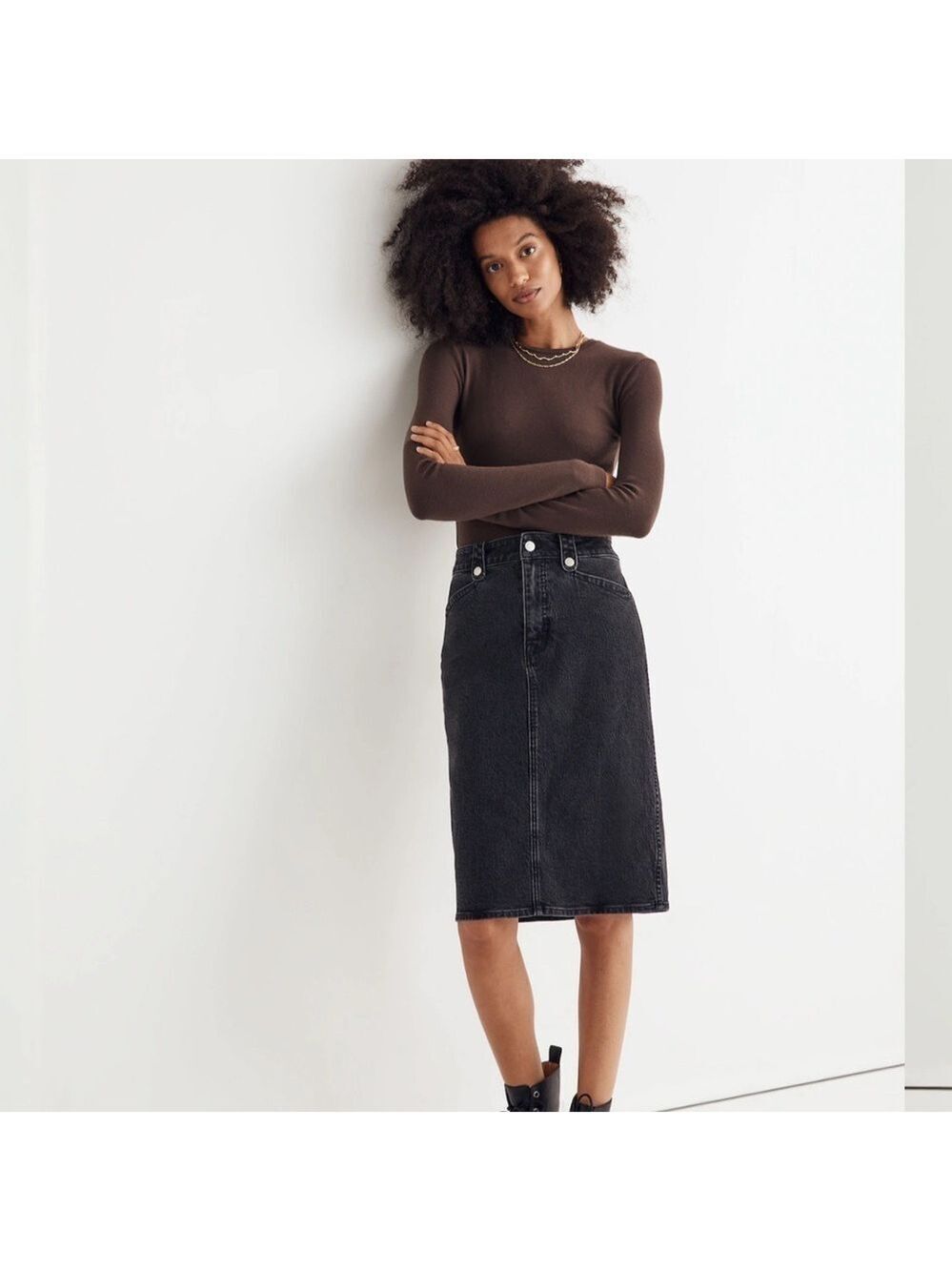 Madewell Denim High-Waisted Straight Charcoal Midi Skirt Workwear edition 30
